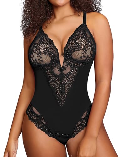 Popilush Shapewear Bodysuit for Women Lace Corset Tops for Large Bust Tummy Control Low Back V Neck Thong Bodysuits
