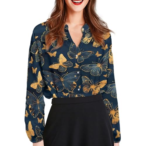 POLERO Womens Butterfly Shirts Vintage Long Sleeve Button Down Tops Dressy Blouse for Casual Work Office Party Size 3XL