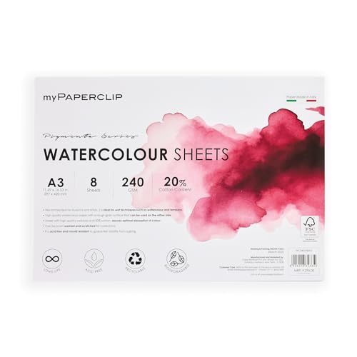 Image of myPAPERCLIP Pigmenta - A3 Watercolor Paper | 240 GSM, 8 Sheets, 20% Cotton | Cold-Pressed & Acid-Free | Suitable for Both Wet & Dry Painting