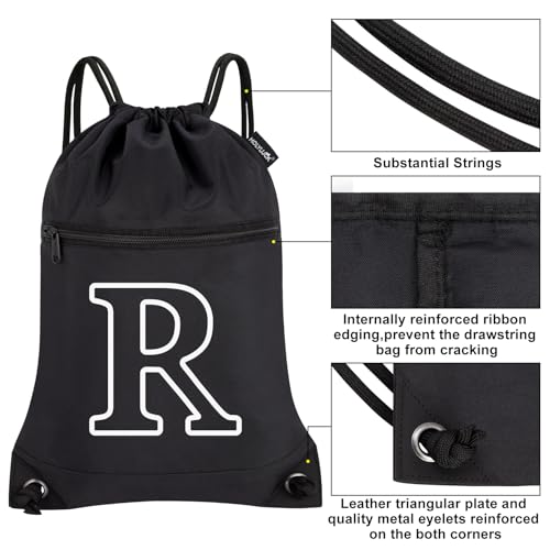 Image of HOLYLUCK Drawstring Bags Initial Backpack Sackpack Cinch Bags for Sports, Gym, Travel, Beach (Black-R)