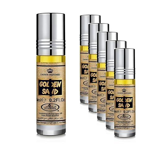 Lot de 6 Huiles Parfumées GOLDEN SAND Sable Doré Al Rehab 6 ml Gourmand Sucré Vanille Caramel Sans Alcool – Musc Huile de Parfum Orientale pour Femme et Homme