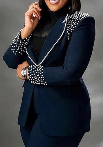 Womens Blazer Set 2 Piece Pearl Long Sleeve Sets Business Casual Outfits and Pants Suit3