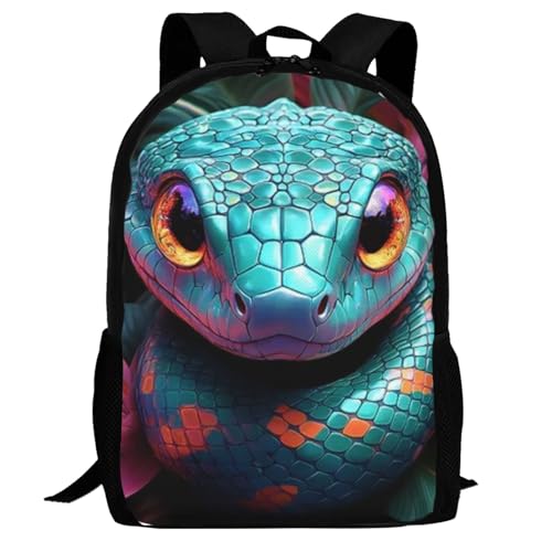 Travel Backpack Cute Teal Snake with Orange Eyes 17In Lightweight Casual Daypack for Business Men Women