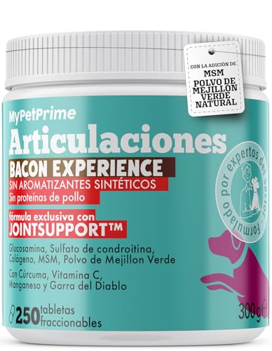 MyPetPrime Articulaciones Complemento alimenticio para Perros - 250 Comprimidos | Nueva Fórmula JointSupport™ con MSM, Polvo de mejillón de Labio Verde y Garra del Diablo
