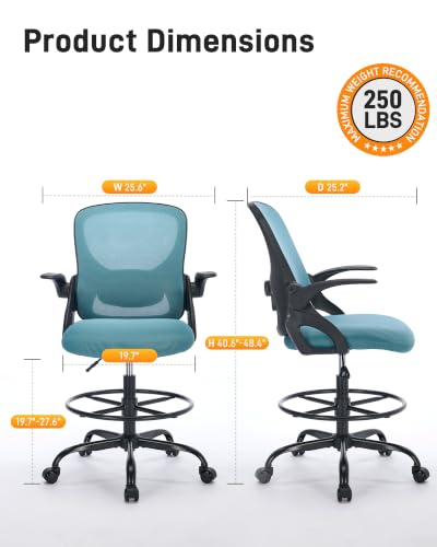 Image of LukkDys Drafting Chair with 4D Multi-Adjustable Backrest, Tall Office Chair 19.7 inch-27.6 inch Seat Height, Ergonomic Standing Desk Chair with Flip-up Arms, Foot Ring, Blue&Black