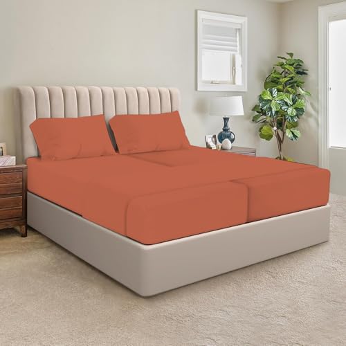 Image of SGI Split King Sheet Set for Adjustable Bed Egyptian Premium Cotton 600 Thread Count Sheets for Sleep Number Bed 15 inch Deep Pocket 5 Pc Set with 2 Twin XL Fitted Sheets Soft Breathable - Terracotta