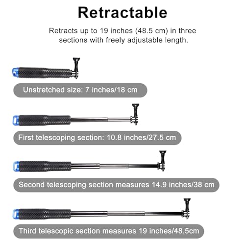 TNSLAND Palo telescópico para Gopro, selfie Stick Action Cam, 19 barras de extensión monopié para GoPro Hero 12/11/10/9/8/7, DJI Osmo Action, Black SJCAM Xiaomi Cam Insta360 - imagen 4
