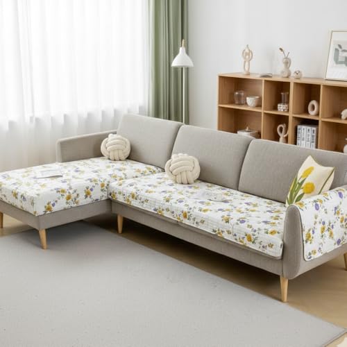 Image of HOMETHREADS Anti-Skid Sofa Protector Mat: Premium Printed Cotton Slipcover with Strong PVC Non-Slip Backing, (Purple Beige, 4 Seater | 210x75cm)