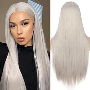 PORSMEER Platinum Blonde Wig Grey Long Straight Wig for Women with Natural Middle Part Synthetic Hair Wig Heat Resistant Fibers 24 inches,Silver BLond