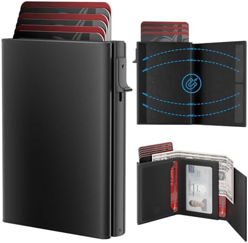 ROYAL KIT Men's Wallet - Smart Wallet for Men, Pop Up Card Case, Top Grain Leather, RFID Blocking, Slim, Minimalist, Black, 14 Card Capacity | ID Window | Cash Slot