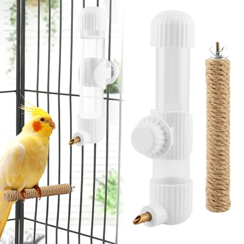 Bird Water Bottle with Spring Valve, No Mess Bird Water Dispenser Cage Drinker with Perch Stand, in/Out Cage Flexible Installation for Parakeet Cockatiel Lovebird