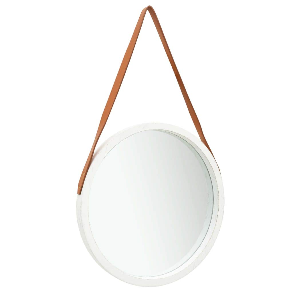 Lustro ścienne w stylu vintage, 50 cm, białe, okrągłe lustro z drewnianą ramą z drewna paulowni i paskiem ze sztucznej skóry, z regulacją wysokości, do sypialni i salonu