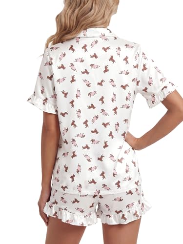 Image of Umenlele Women's 2 Piece Satin Pajama Set Cute Ruffle Short Sleeve Button Down Shirt with Shorts Summer Pjs