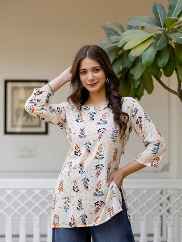 Image of Women's Floral Leaf Print Tunic Top, Beige, Rayon Blend, 3 /4 Sleeve, Notch Neck, Regular Fit, Casual Wear