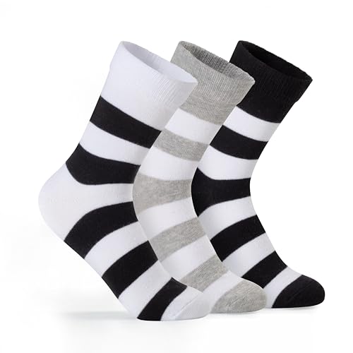 Striped Crew Socks, Cotton, 3 Pairs, Black/Gray/White
