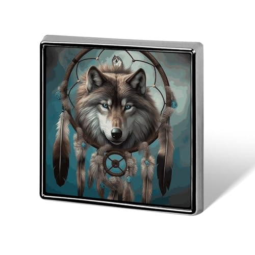 Square Lapel Pins 3D Wolf Dream Catcher Metal Square Brooceh Badge for Suits, Backpacks & Hats, Lapel Accessory
