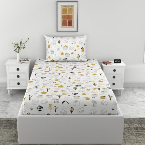 Image of LORETO - A QUALITY LINEN BRAND 144 TC 100% Pure Cotton Single Fitted Bedsheet with 1 Pillow Cover for 72 x 36 Inch Mattress, All-Around Elastic, 8 Inch Deep Pocket, White Kids House Pattern