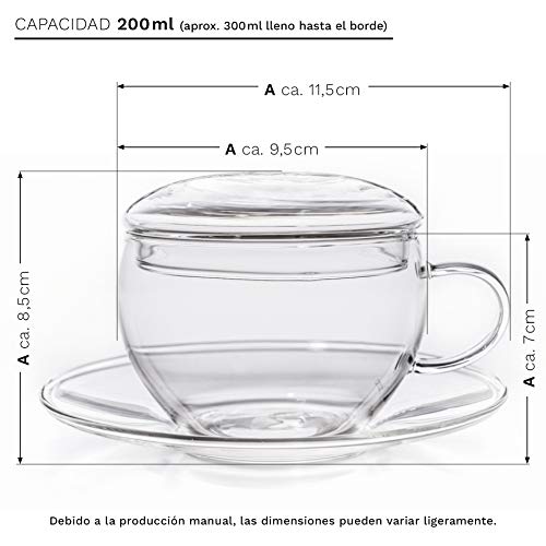 Creano Conjunto de 2 Taza de Vidrio con Platillo y Tapa, Práctica para los Tés de Floración, ExqusiTea, Capuchino, Latte… - Imagen 3