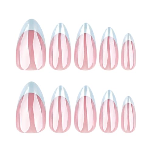 Image of Blue French Tip Press on Nails Chrome Fake Nails with Glossy Nude Reusable Full Cover Medium Almond Stick on Nail for Women Manicure 24Pcs