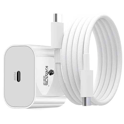 Image of Kratos 20W Fast Charger Adapter for iPhone 15 /16 /17 Series Plus,Pro,Pro Max | Adapter Compatible with All iPhones | Type C Adapter + 1M C to C Cable|BIS Certified|1 Year Warranty|White
