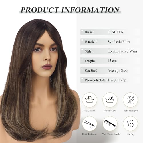 Image of FESHFEN Wigs with Bangs, Synthetic Natural Looking Ombre Brown Blonde Long Layered Straight Hair Wig for Women Daily Party Use, 18 inch