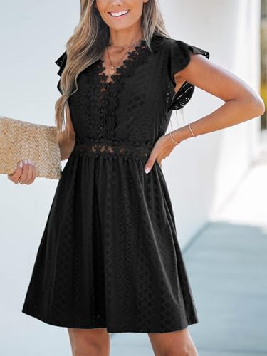 Image of CUPSHE Women's Boho V Neck Lace Dress Casual Eyelet Summer Mini Sundress Ruffle Cap Sleeve A-Line Beach Vacation Dress 2026
