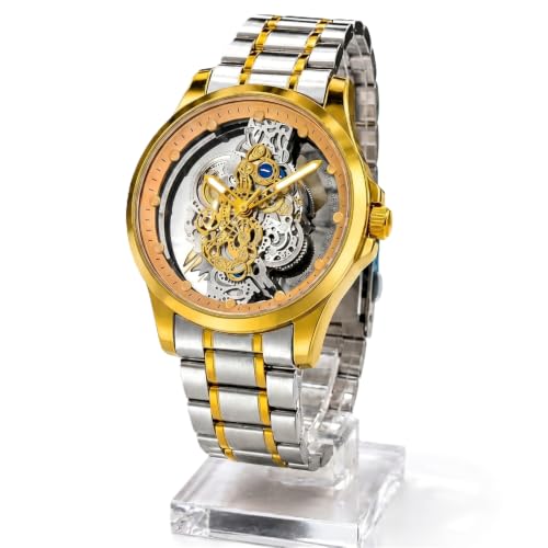 Image of Premium Skeleton Style Quartz Watch for Men - Luxury Two-Tone Gold & Stainless Steel Mechanical Look Analogue Wristwatch, Transparent Steampunk Dial, Fashion Dress Watch