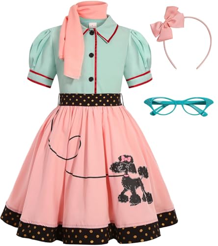 SIZGAROOT 50s Outfit for Girls 50s Costume Girls Poodle Skirt Halloween Party Dress Up (6-8 Years)