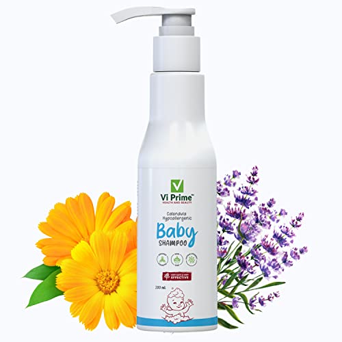 Vi Prime Health and Beauty Baby Shampoo With Calendula| Non-GMO |New Born Organic Kids Shampoo | Hypoallergenic | Nourishing Natural Wash | Shampoo for Soft Hair – Paraben & Sulphate Free 200ml