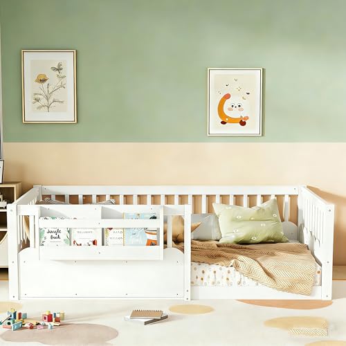 Image of Bellemave Twin Size Kids Montessori Floor Bed,Solid Wood Floor Bed Frame with Bookshelf and High Fence for Kids,Girls,Boys,White