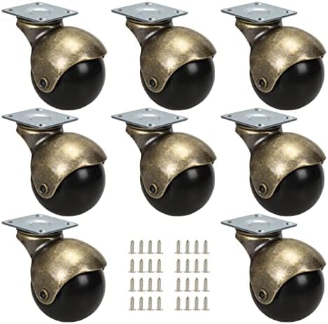 JGJC 8 Pack Ball Caster Wheels 1.5 inch (d=1-1/2", h=2-1/8"), Antique Brass Ball Casters for Furniture, Small Vintage Casters Ottoman Wheels, Swivel Plate Castor Wheels for Furniture