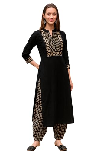 Ensemble kurta noir pour femme avec pantalon droit et dupatta en coton taille M