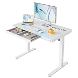 HUANUO 100 x 60 cm Bureau Assis Debout Bureau Réglable en Hauteur en Verre avec Tiroir, Port Recharge USB & Panneau Intelligent à 3 Mémoires, Verre Blanc