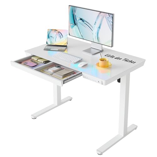 HUANUO 100 x 60 cm Bureau Assis Debout Bureau Réglable en Hauteur en Verre avec Tiroir, Port Recharge USB & Panneau Intelligent à 3 Mémoires, Verre Blanc