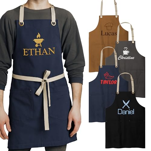 Personalized Aprons for Men, Women - Custom Embroidery Canvas Apron - 18 Icons, 4 Colors, 8 Fonts & 18 Thread Colors, Grilling Gifts for Men - Aprons for Bakers, Baristas, Chefs, Barbers, Bartenders