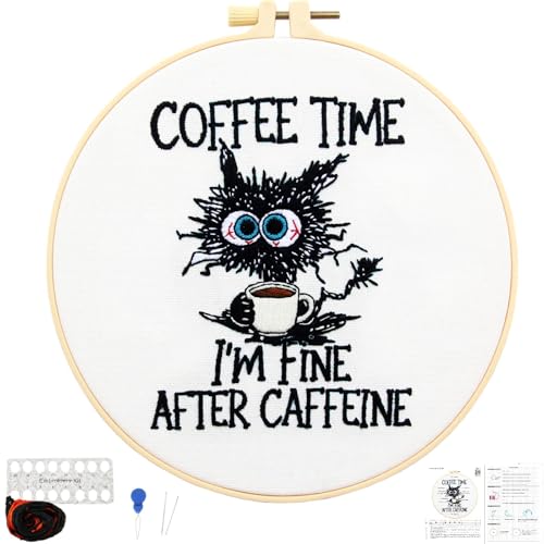 Image of Cute Cat Embroidery Kits for Beginners Adults, Coffee Hand Embroidery Starter Kit, Stamped Cross Stitch Kits for Beginners Adult Craft Kit for Women, Entire Set of Embroidery Supplies & Video Tutorial
