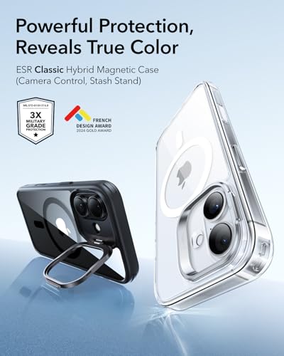 Image of ESR for iPhone 17 Case with Stash Stand, Camera Control Cover Compatible with MagSafe, Military-Grade Drop Protection Magnetic Phone Case, Scratch-Resistant Back Cover,Clear Black