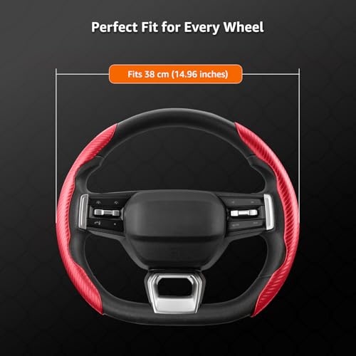 Image of amazon basics Car Steering Wheel Grip | Red | Carbon Fiber | Non Slip | Sweatproof and Anti-skidding