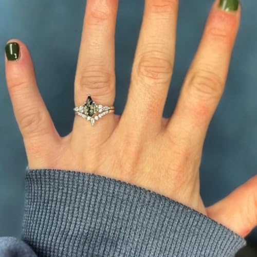 Moss Agate Ring Set Kite Cut Moss Agate and Moissanite Engagement Ring for Women 925 Sterling Silver Moss Agate Wedding Ring for Her Free Engraving3