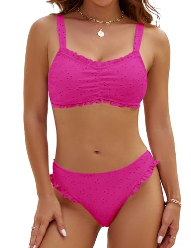 Image of Blooming Jelly Womens Bikini Set Two Piece Ruffle Bandeau Bathing Suits Cheeky High Cut Cute Eyelet Swimsuit