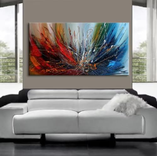 Toile art abstrait coloré fleur rouge bleu 55x110cm cadre affiche salon peinture