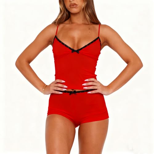 Image of Yuemengxuan Women Two Piece Outfits Y2k Boy Shorts Set Sleeveless Crop Top Button Down Shorts Set Loungewear Pajamas Set