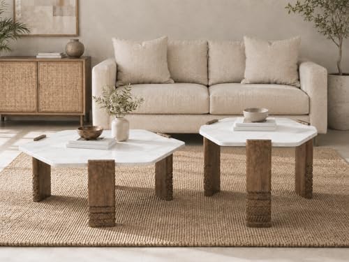 Image of The Attic Marvo Coffee Table Set of 2 for Living Room, Hexa Shape, Wooden Carved Legs, White Marble and Natural Wood