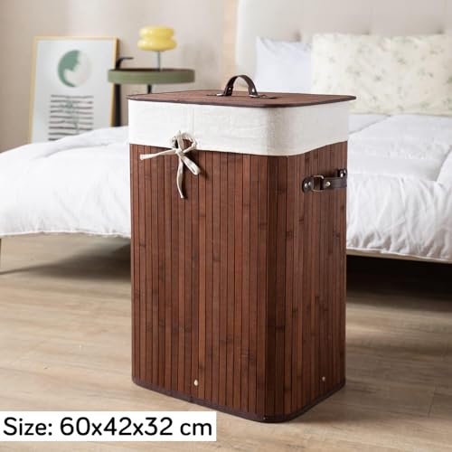 Image of HOKIPO Eco-Friendly Foldable Bamboo Laundry Basket Hamper with Lid, Large - 81 Liter, Coffee Brown (AR1538)