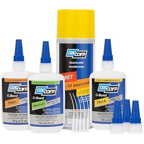 CECCORP CA Glue & Accelerator Bundle - C-Bond Thin, Medium & Thick (4.23 oz Each) with 13.52 fl oz Accelerator, 3 Extra Caps & 5 Precision Nozzles - Complete Set for Woodworking, Craft, & Repairs Cover
