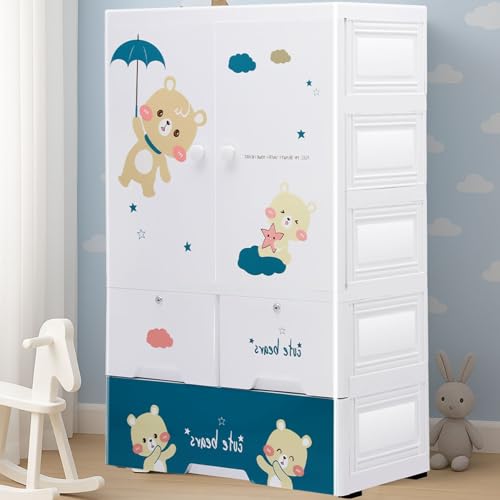 Image of Little Olive Teddy Kids Wardrobe | Multi Drawer Plastic Storage Cabinet for Clothes and Toys | Dark Green Matte Finish | DIY Collapsible Nursery Organizer for Children 0 to 7 Years