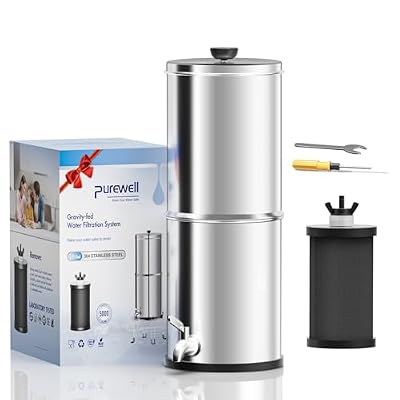 Purewell 1.0 Gallon Portable Gravity Water Filter System, 3-Stage 0.01?m Ultra-Filtration Countertop Water Filtration System, Reduce 99% Chlorine, for Camping, RVing, Home, Off-Grid (PW-1G)