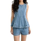 Zanisouta Traje de mezclilla para mujer, verano, dos piezas, Y2K, ropa de calle, manga corta, solapa, cuello en V, pantalones vaqueros y pantalones cortos asimétricos, juego con bolsillos, chándal
