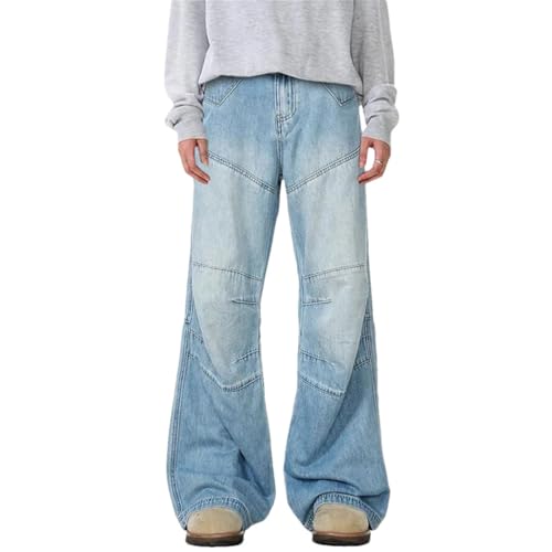 Men's Korean Style Denim Pants Pleated Spliced Line Deconstruction Solid Color Stright Leg Jeans