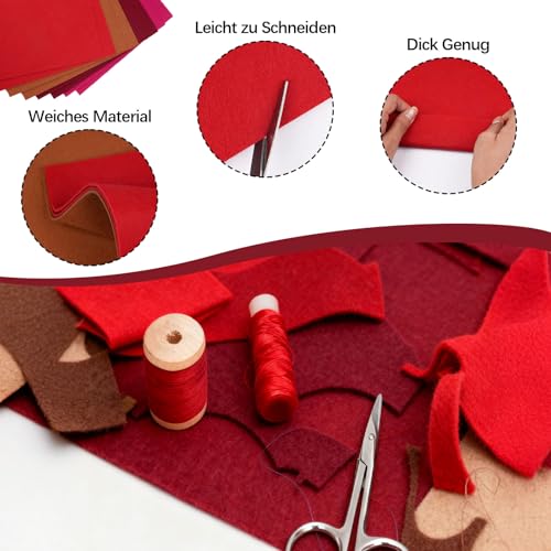 Deepton Bastelfilz 2mm, Filz zum Basteln, 20 x 30cm Filzstoff, 4 Farben Vliesstoff Stoff Filzplatten für DIY Handwerk Nähen Manual Decoration (Rot Serie)